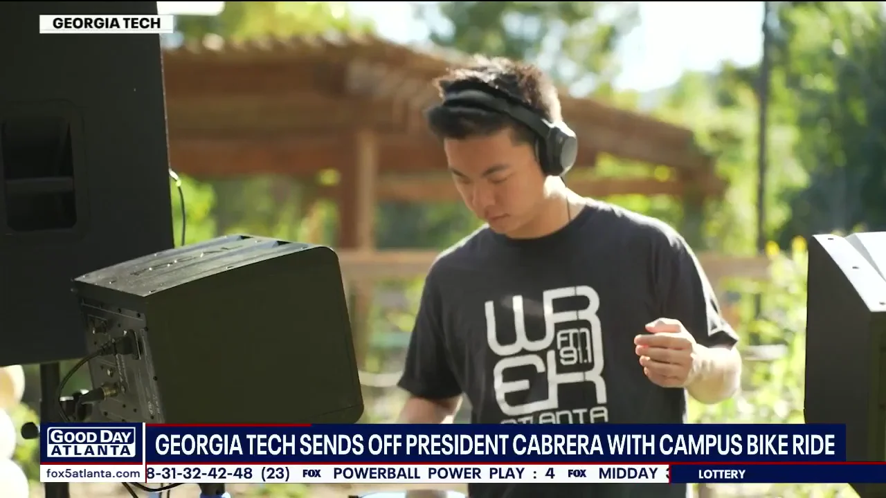 FOX 5 Atlanta video still of a WREK DJ at a Georgia Tech campus event, with the station's on-screen graphics visible.